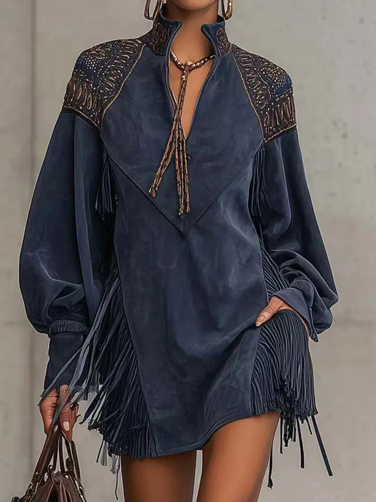 Women's Elegant V-Neck Tassel Patchwork Mini Dress Long Sleeve Loose Party Streetwear Fashion Autumn Winter Ladies Dress Vestido
Women's Elegant V-Neck Tassel Patchwork Mini Dress Long Sleeve Loose Party Streetwear Fashion Autumn Winter Ladies Dress Vestido