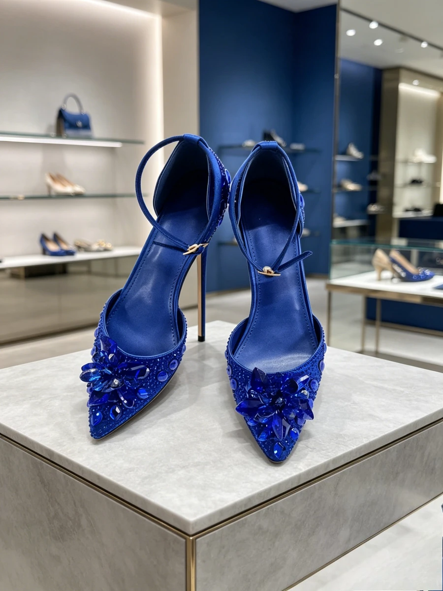 2026 Royal Blue Satin Topaz Chip Rhinestone Lace Trim Pointed Slingback Stiletto Heels, Glam Runway Formal High Heels For Middle
2026 Royal Blue Satin Topaz Chip Rhinestone Lace Trim Pointed Slingback Stiletto Heels, Glam Runway Formal High Heels For Middle
