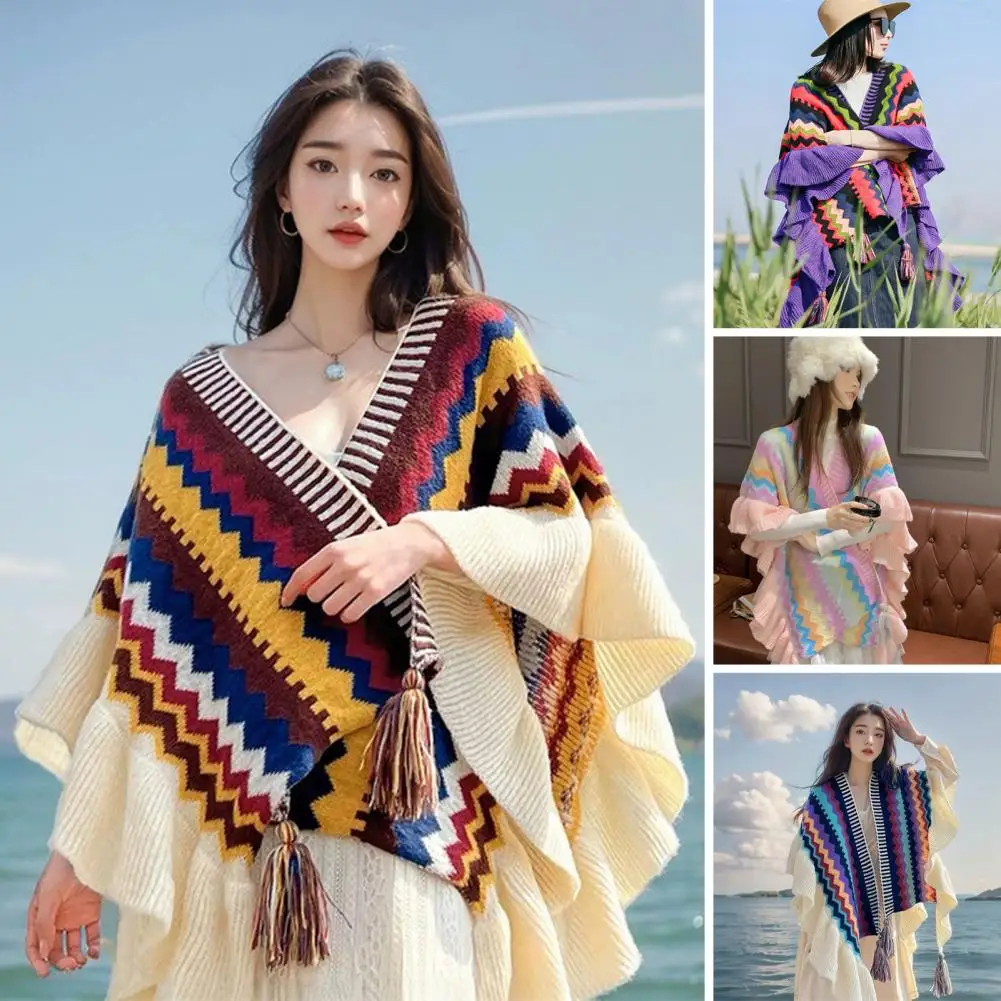 Autumn Winter Accessory Colorful Stripes Print Tassel Shawl with Ruffle Trim Ethnic Style Knitting Cape for Travel Vacation Warm
Autumn Winter Accessory Colorful Stripes Print Tassel Shawl with Ruffle Trim Ethnic Style Knitting Cape for Travel Vacation Warm
