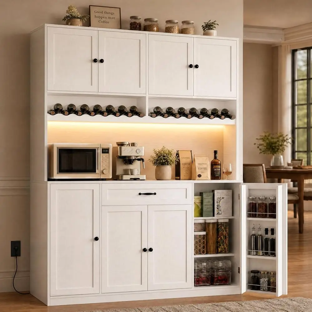 72 LED-lit Wide Pantry Cabinet with Charging Station, Adjustable Shelves & Wine Rack
72 LED-lit Wide Pantry Cabinet with Charging Station, Adjustable Shelves & Wine Rack