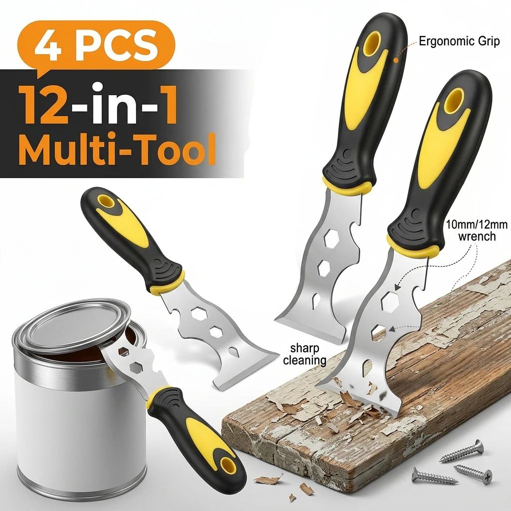 4Pcs 12-In-1 Multi Use Putty Knife Set Stainless Steel Paint Scraper Tool Wallpaper Can Opener Cleaning Paint Rollers Home DIY
4Pcs 12-In-1 Multi Use Putty Knife Set Stainless Steel Paint Scraper Tool Wallpaper Can Opener Cleaning Paint Rollers Home DIY