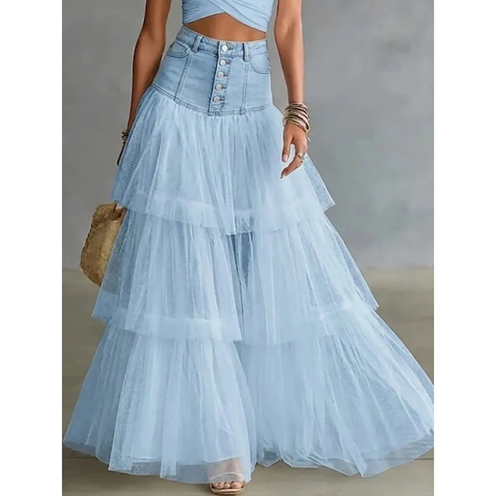 Women's Mesh Patchwork Denim Maxi Skirt High Waist Single-breasted A-Line Layered Tulle Flowing Hem Chic Female Vacation Skirt
Women's Mesh Patchwork Denim Maxi Skirt High Waist Single-breasted A-Line Layered Tulle Flowing Hem Chic Female Vacation Skirt