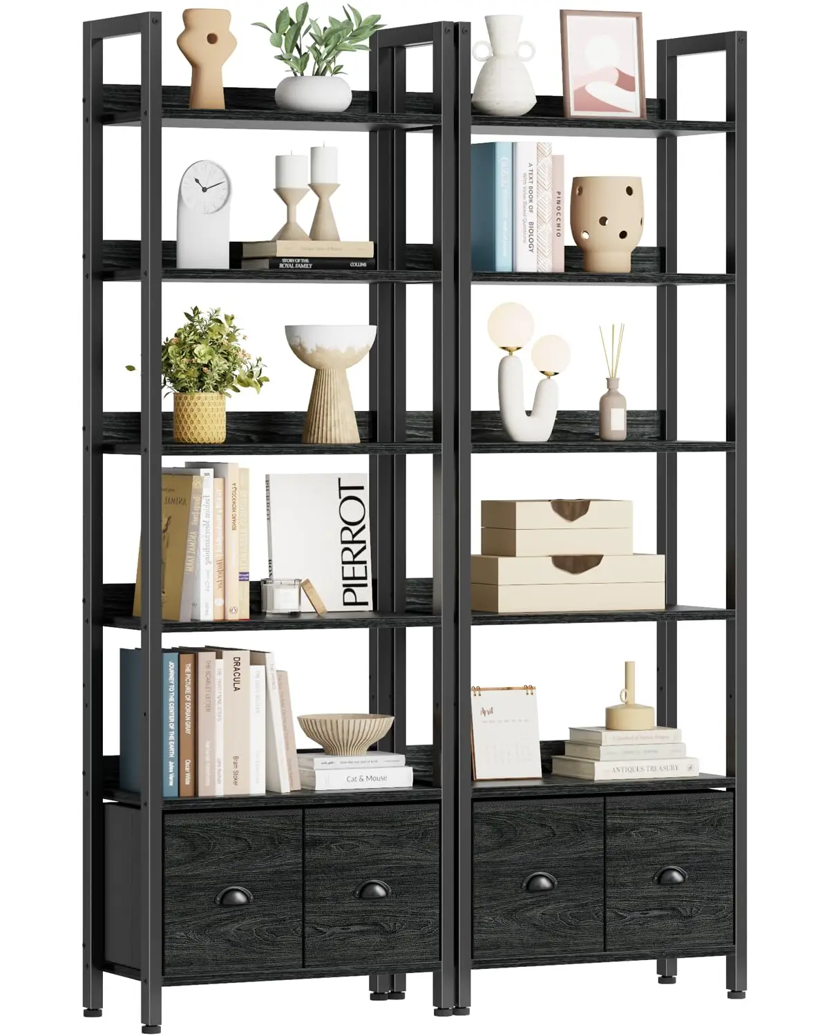 6-Tier Bookshelf Set 2 Tall Bookcase w/ 2 Drawers Shelves Industrial Storage Unit Bedroom Living Room Office Black Oak, Customiz
6-Tier Bookshelf Set 2 Tall Bookcase w/ 2 Drawers Shelves Industrial Storage Unit Bedroom Living Room Office Black Oak, Customiz