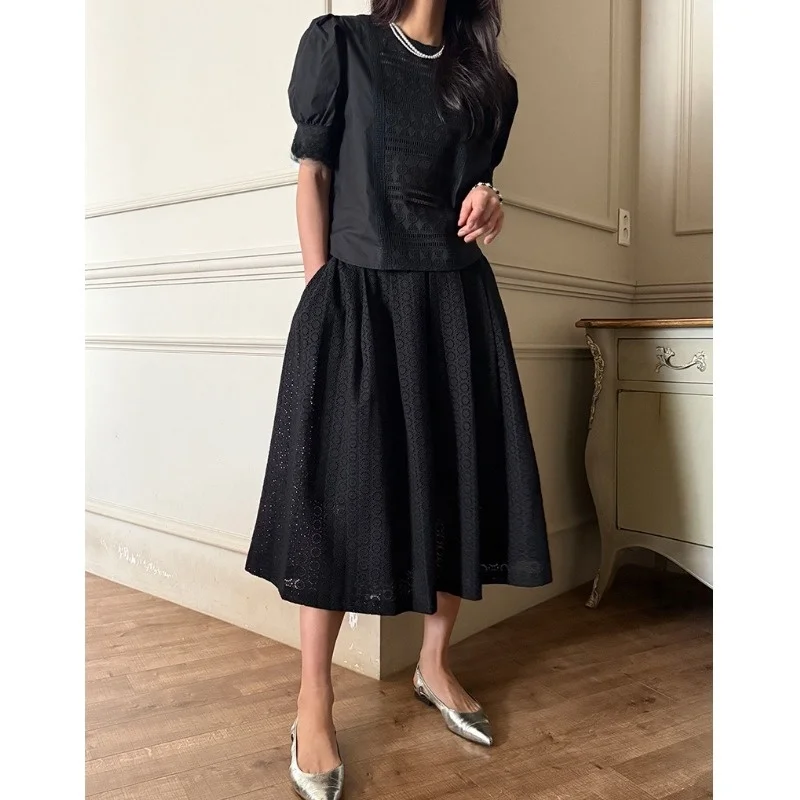 Korean Style Chic Hollow out Flower Hook Bubble Sleeve Shirt High Waist Pleated Skirt Half Body Vintage New Arrival Women's F...
Korean Style Chic Hollow out Flower Hook Bubble Sleeve Shirt High Waist Pleated Skirt Half Body Vintage New Arrival Women's F...