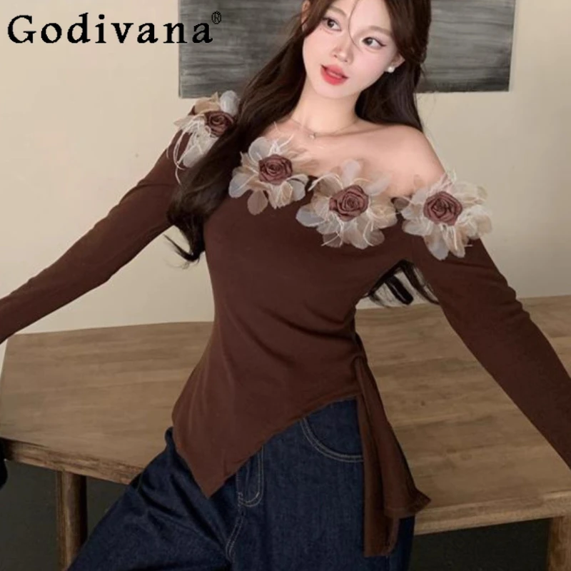 Large Size Girl Heavy Industry Three-dimensional Flower Slash Neck Long Sleeve T-shirt Spring Autumn New Irregular Korean Top
Large Size Girl Heavy Industry Three-dimensional Flower Slash Neck Long Sleeve T-shirt Spring Autumn New Irregular Korean Top