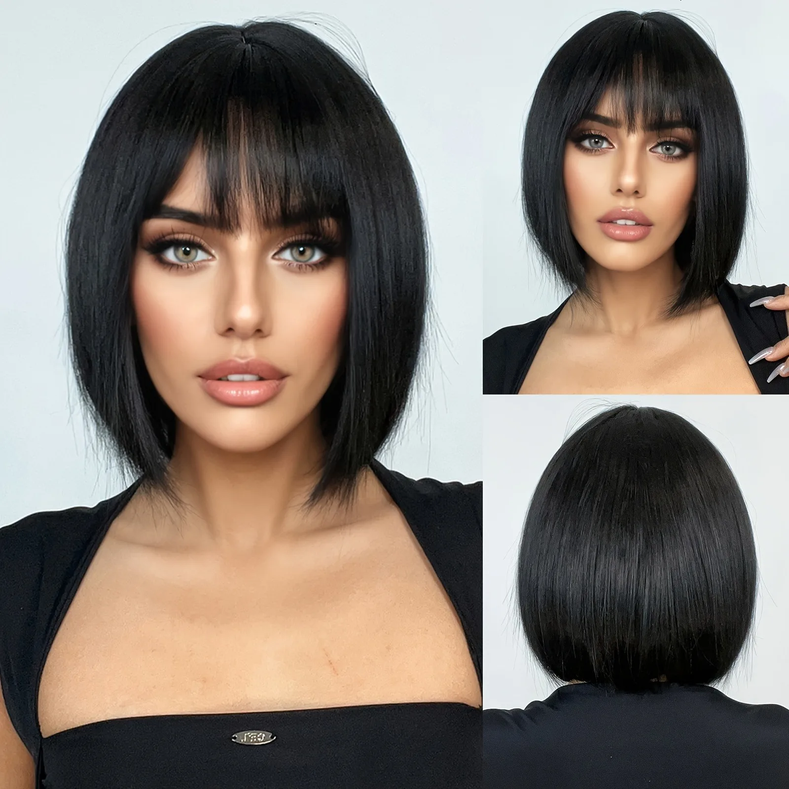 Элегантный короткий парик боб с синтетической челкой, женский стиль - натуральный черный, объемная центральная часть, подходит для повседневного ношения, п.
Элегантный короткий парик боб с синтетической челкой, женский стиль - натуральный черный, объемная центральная часть, подходит для повседневного ношения, п.