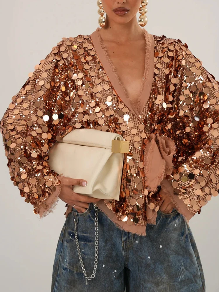Fashion Solid Color Sequins Spliced Jacket Coat Sexy Hot Girl V-neck Tie Up Nightclub Outwear Leisure Loose Women's Commute Coat
Fashion Solid Color Sequins Spliced Jacket Coat Sexy Hot Girl V-neck Tie Up Nightclub Outwear Leisure Loose Women's Commute Coat