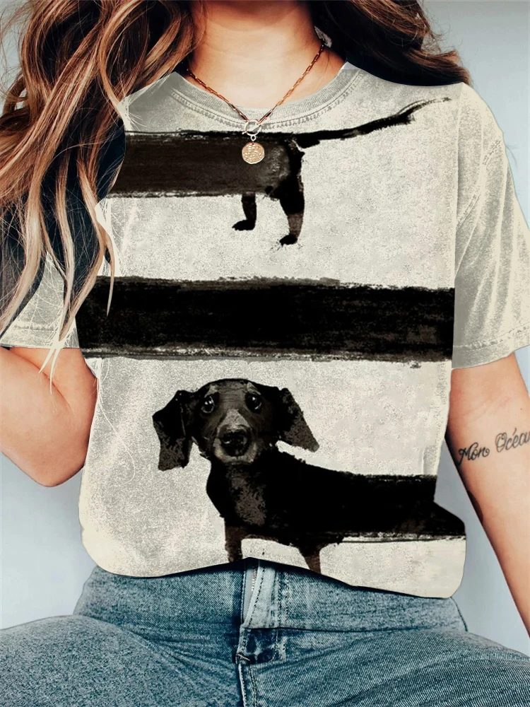 Women's round neck short sleeve top black dog print gray casual fashion soft commuter T-shirt
Women's round neck short sleeve top black dog print gray casual fashion soft commuter T-shirt