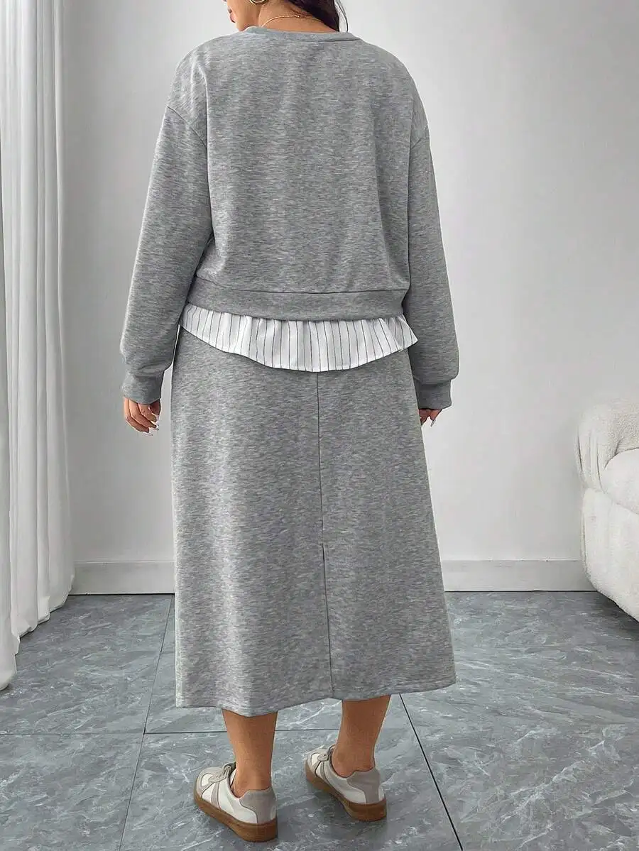 Gray Two Piece Set Casual Long Sleeve Top And Loose Midi Skirt For Women
Gray Two Piece Set Casual Long Sleeve Top And Loose Midi Skirt For Women