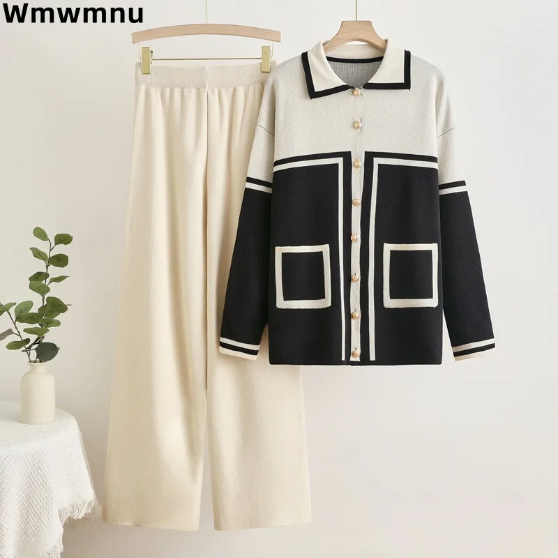 Korea Office Women Knitted 2 Piece Sets Lapel Double Breasted Cardigan Coats Tops Ensemble Casual High Waist Wide Leg Pants Suit
Korea Office Women Knitted 2 Piece Sets Lapel Double Breasted Cardigan Coats Tops Ensemble Casual High Waist Wide Leg Pants Suit