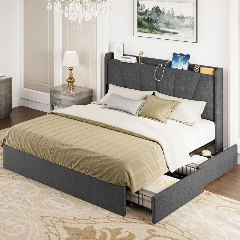 King Bed Frame and Upholstered Headboard, Platform Bed with Storage Drawers and Outlets, Sturdy, Noiseless, No Box Spring Needed
King Bed Frame and Upholstered Headboard, Platform Bed with Storage Drawers and Outlets, Sturdy, Noiseless, No Box Spring Needed