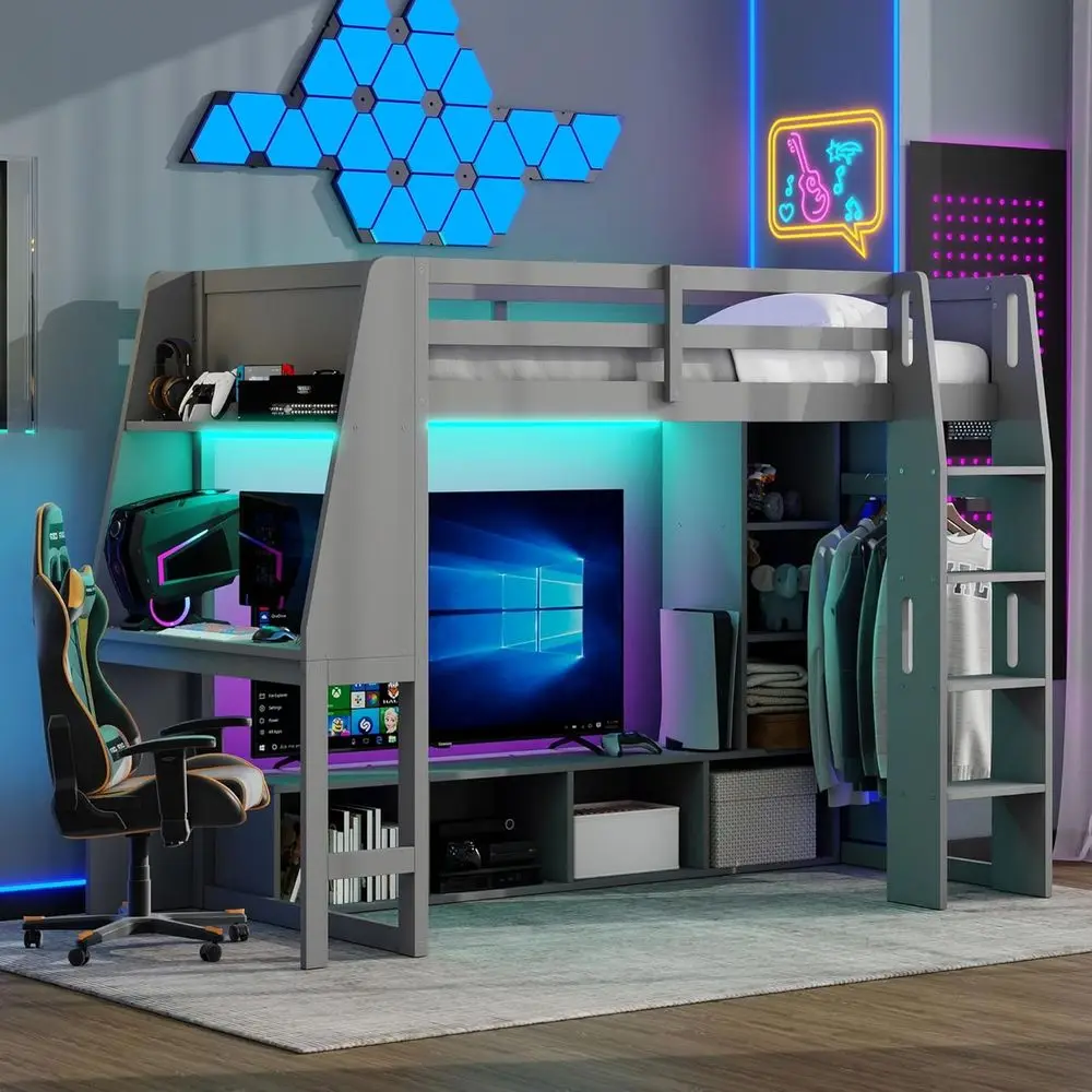 Серая двухъярусная кровать-чердак из дерева для игр с рабочим столом, шкафом, местом для хранения, тумбой под ТВ и светодиодной подсветкой для детей и подростков
Серая двухъярусная кровать-чердак из дерева для игр с рабочим столом, шкафом, местом для хранения, тумбой под ТВ и светодиодной подсветкой для детей и подростков