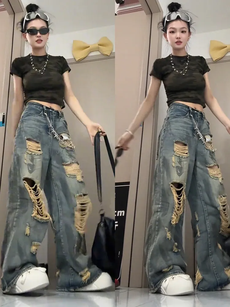 Retro American Hole Denim Jeans Women Summer Thin Micro Flared Pants Loose Wide Leg Floor-Length Pants Casual Wear
Retro American Hole Denim Jeans Women Summer Thin Micro Flared Pants Loose Wide Leg Floor-Length Pants Casual Wear