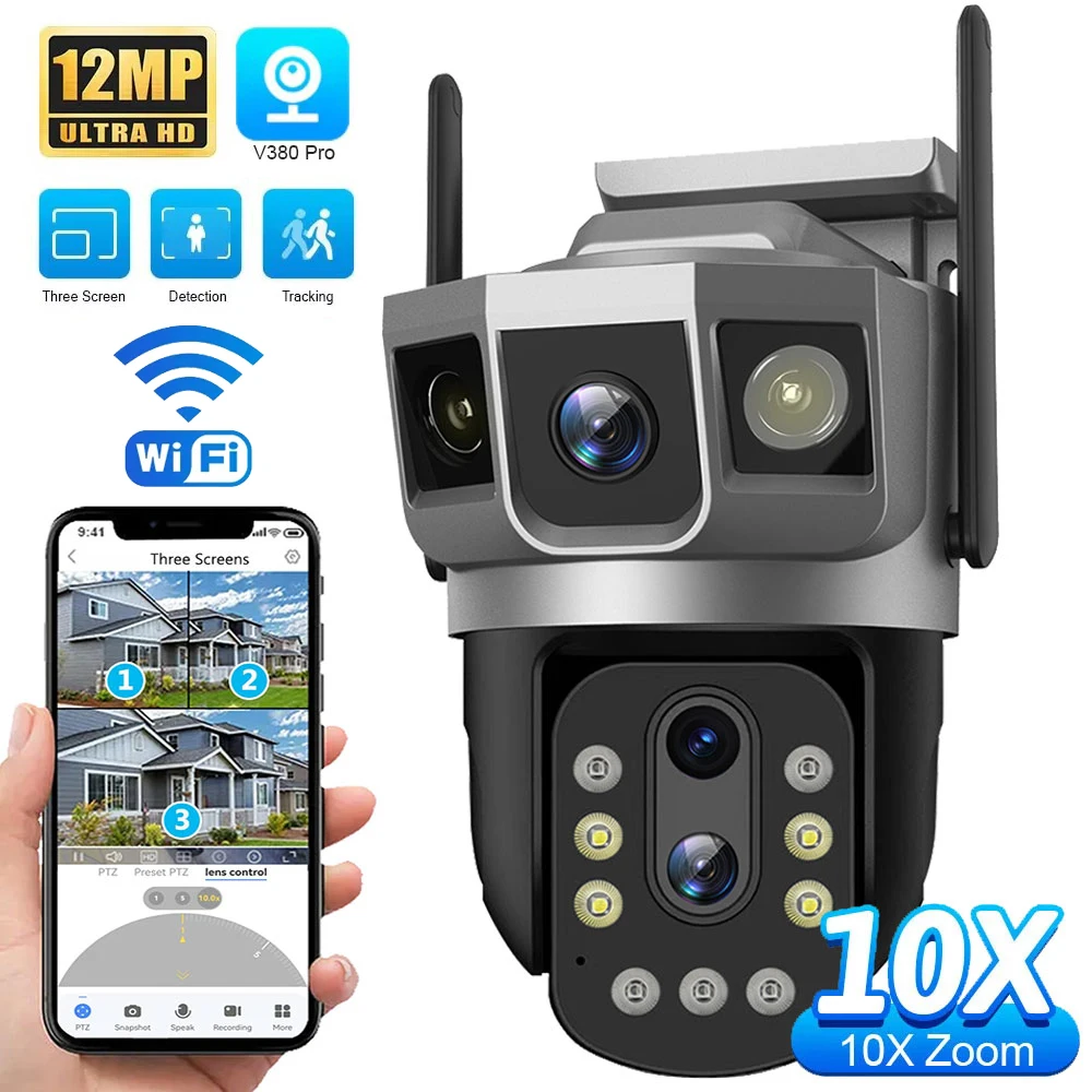 12MP Triple Lens 2.4Ghz WiFi IP Camera 10X Optical Zoom PTZ Auto Track Color Night Vision Wireless Security Protection Monitors
12MP Triple Lens 2.4Ghz WiFi IP Camera 10X Optical Zoom PTZ Auto Track Color Night Vision Wireless Security Protection Monitors