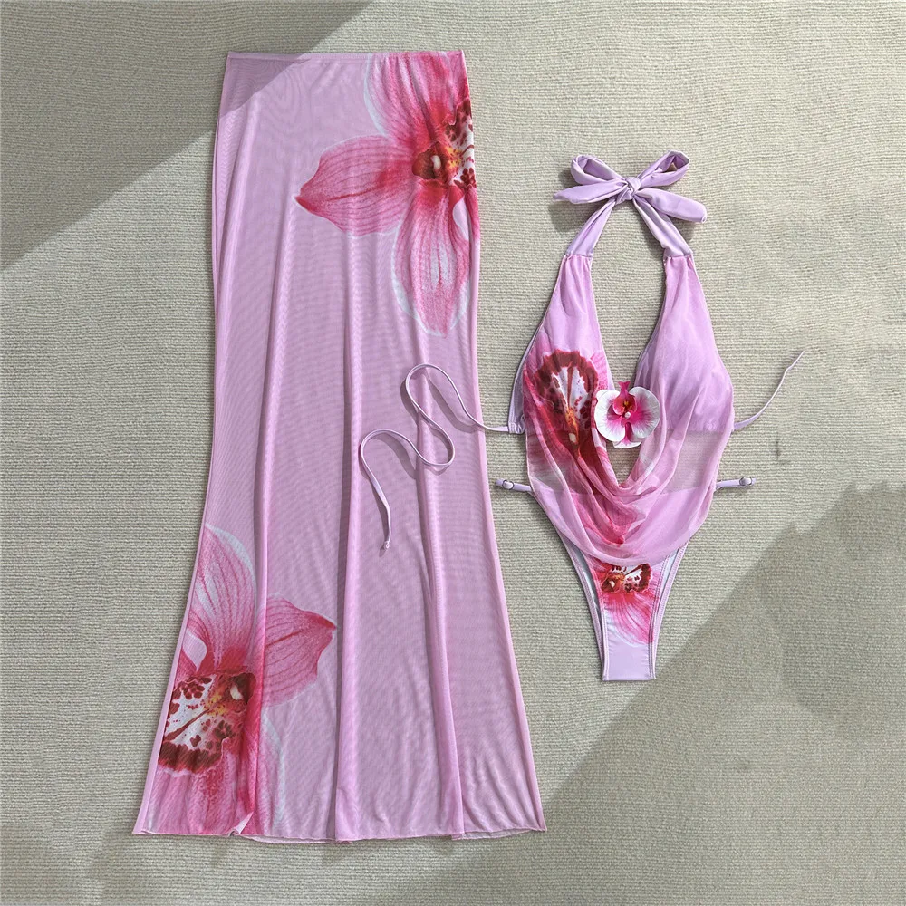 Pink Flower Print Sexy Halter String Triangle Bikinis Sets with Long Mesh Skirts Micro Thong Swimsuit Woman Swimwear Biquinis
Pink Flower Print Sexy Halter String Triangle Bikinis Sets with Long Mesh Skirts Micro Thong Swimsuit Woman Swimwear Biquinis