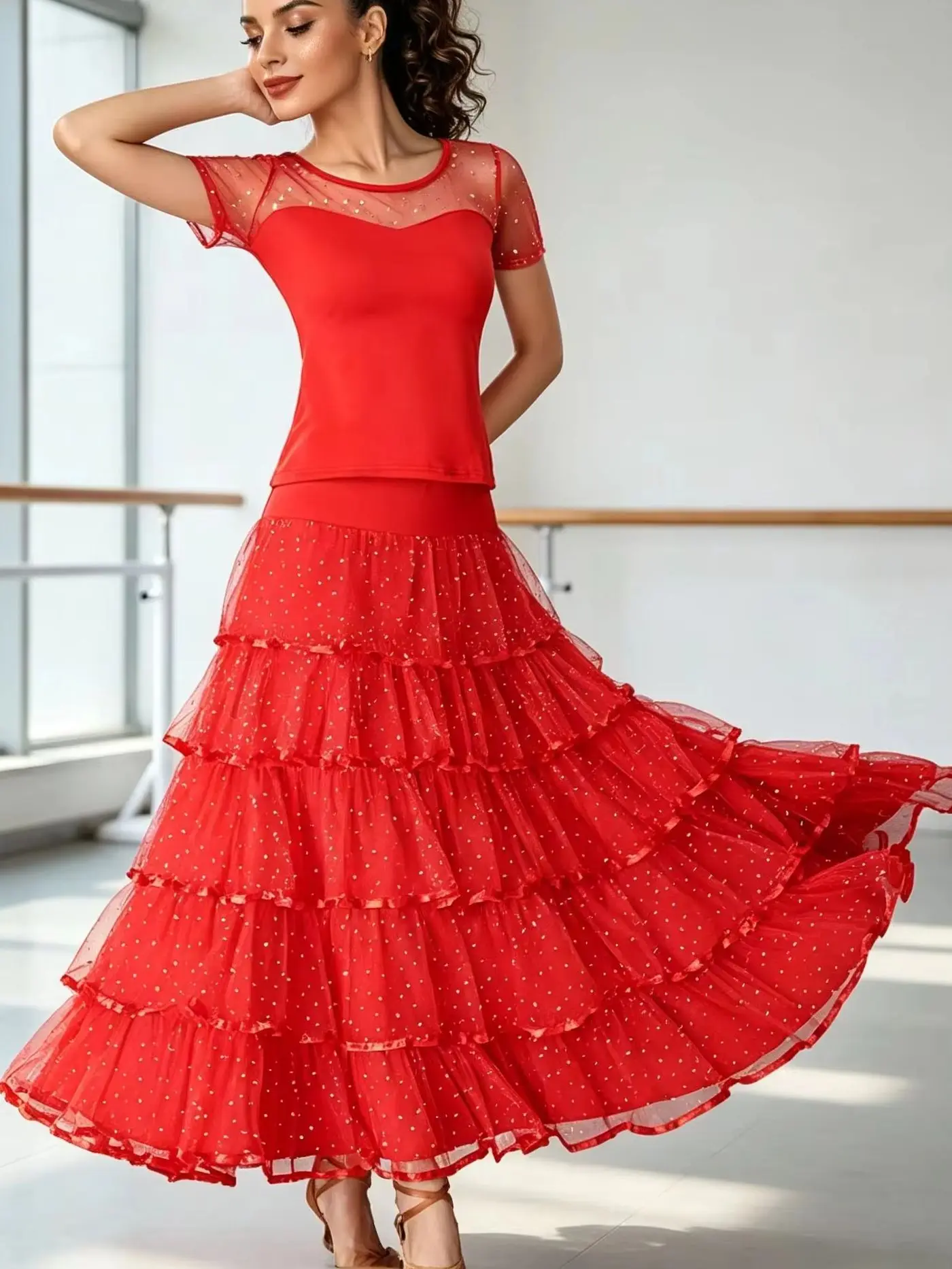 Women's Ballroom Dance Set Sheer Mesh Top + Sparkly Tiered Maxi Skirt for Latin Salsa Tango Flamenco
Women's Ballroom Dance Set Sheer Mesh Top + Sparkly Tiered Maxi Skirt for Latin Salsa Tango Flamenco