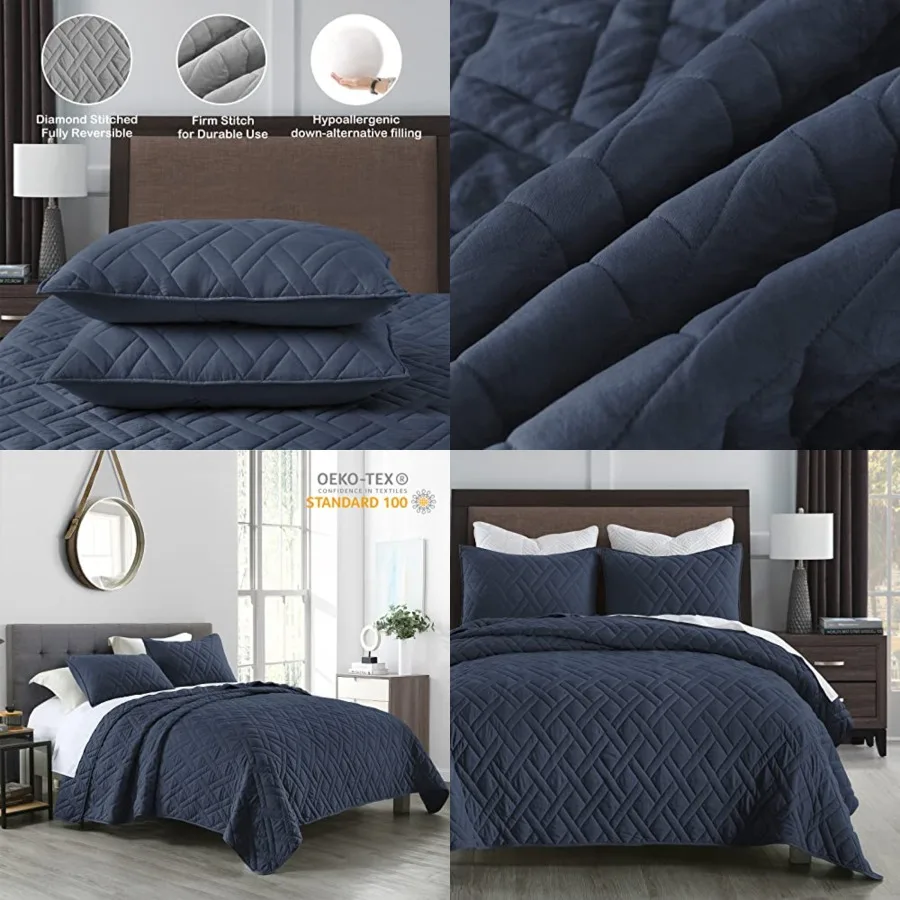Quilt Set King Size Navy Blue, Classic Geometric Diamond Stitched Pattern, Ultra Soft Lightweight Bedspread Coverlet for All Season 3 Pieces(1 Quilt and 2 Pillow Shams)
Quilt Set King Size Navy Blue, Classic Geometric Diamond Stitched Pattern, Ultra Soft Lightweight Bedspread Coverlet for All Season 3 Pieces(1 Quilt and 2 Pillow Shams)