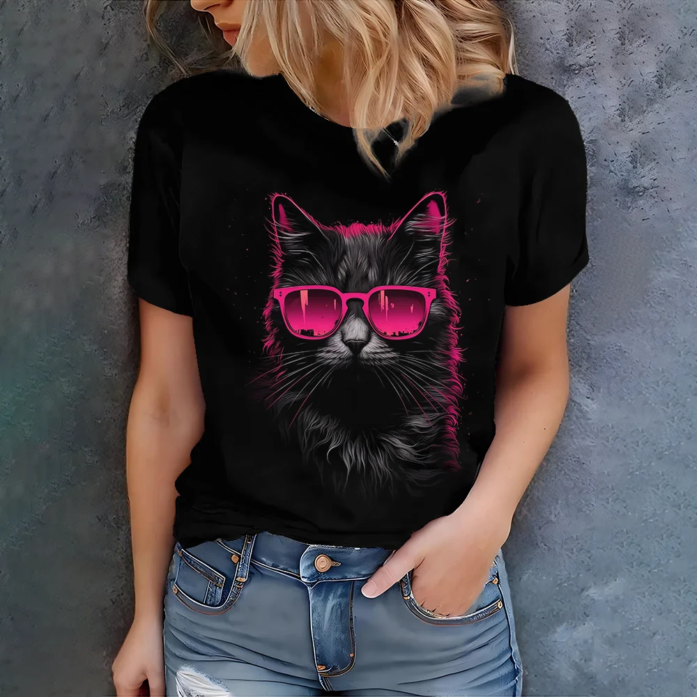 Women's Black T-Shirt With Cool Cat Design Casual Summer Style Round Neck Short Sleeve Top For Daily Wear
Women's Black T-Shirt With Cool Cat Design Casual Summer Style Round Neck Short Sleeve Top For Daily Wear