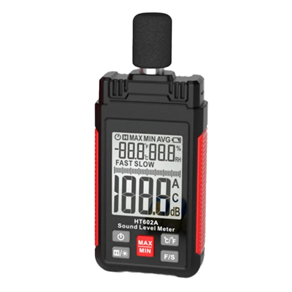 Digital Sound Level Meter HT602A with Backlit LCD Display Measures Temperature and Humidity Alongside Noise Levels for Use
Digital Sound Level Meter HT602A with Backlit LCD Display Measures Temperature and Humidity Alongside Noise Levels for Use