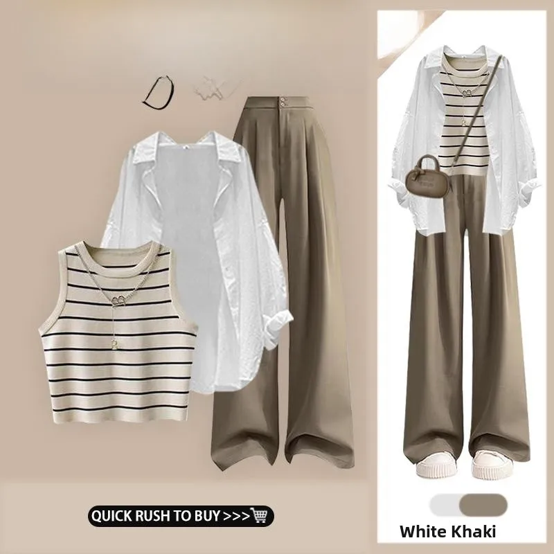 Korean Style Pure Color Shirt Three-Piece Set Women's Wide Leg Pants Striped Crop Top High Waist Loose Fit Fashion Ensemble
Korean Style Pure Color Shirt Three-Piece Set Women's Wide Leg Pants Striped Crop Top High Waist Loose Fit Fashion Ensemble