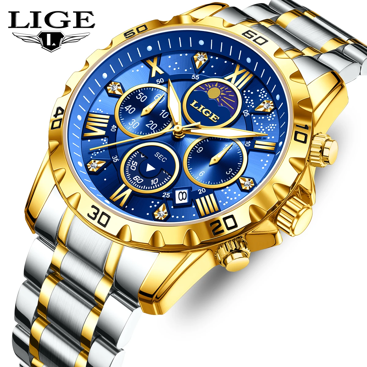 LIGE mens watch moon phase multi-function chronograph quartz clock luxury luminous formal watch waterproof calendar reloj hommes
LIGE mens watch moon phase multi-function chronograph quartz clock luxury luminous formal watch waterproof calendar reloj hommes