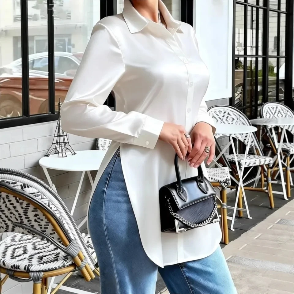 Spring Summer New Slim Long-sleeved Shirt Women's Fashion Satin Solid Color Irregular Slit Mid-length Female Office Shirt 2026
Spring Summer New Slim Long-sleeved Shirt Women's Fashion Satin Solid Color Irregular Slit Mid-length Female Office Shirt 2026
