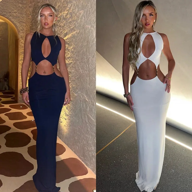 Sexy Waist Baring Slim Fit Hollow Out Dress Sleeveless Vest Solid Color Round Neck Long Skirt New Summer Lady Holiday Party Gown
Sexy Waist Baring Slim Fit Hollow Out Dress Sleeveless Vest Solid Color Round Neck Long Skirt New Summer Lady Holiday Party Gown