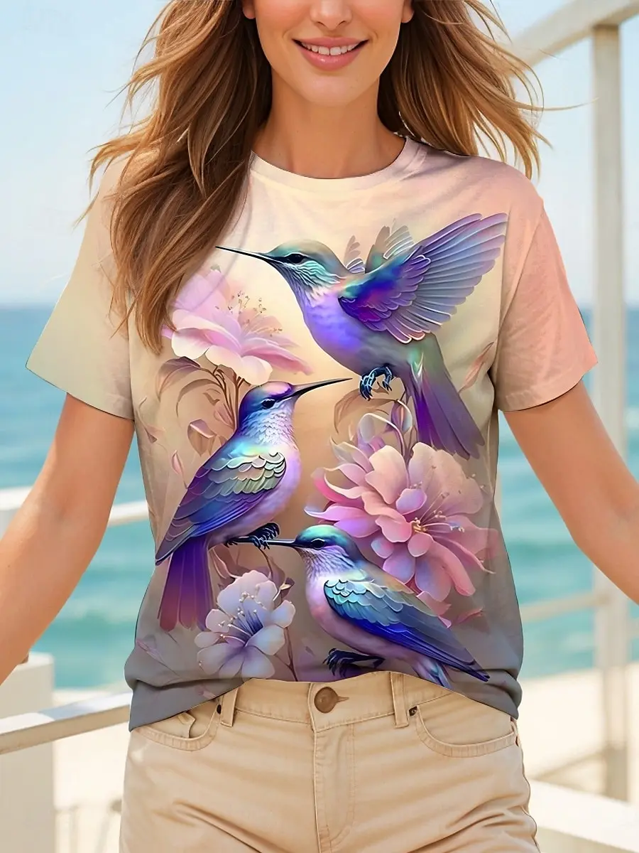 Whimsical Hummingbird Print Casual T Shirt Crew Neck Short Sleeve Tee For Women Summer Holiday And Daily Wear
Whimsical Hummingbird Print Casual T Shirt Crew Neck Short Sleeve Tee For Women Summer Holiday And Daily Wear