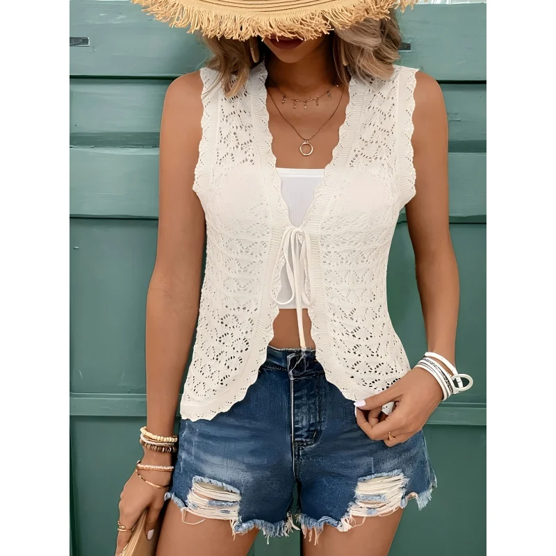 Women Scallop Tie Front Crochet Vest Sleeveless Hollow Knit Waistcoat Boho Layering
Women Scallop Tie Front Crochet Vest Sleeveless Hollow Knit Waistcoat Boho Layering