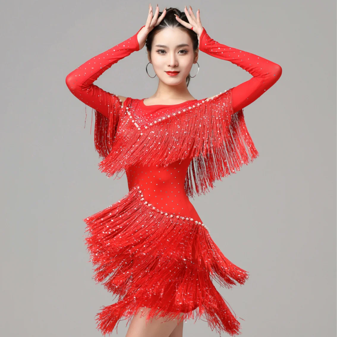 Latin Dance Skirt Strapless Sequined Stretch Long-Sleeved Tassel Competition Costume Adult Performance Costume
Latin Dance Skirt Strapless Sequined Stretch Long-Sleeved Tassel Competition Costume Adult Performance Costume