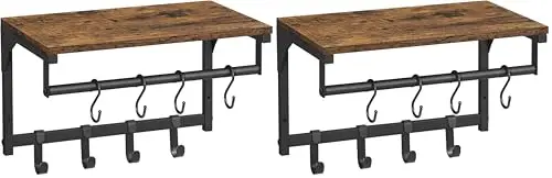 Rustic Wood-Top Wall Shelf With Black Metal Frame, 8 Detachable Hooks Per Unit, For Entryway, Kitchen, Bedroom—2 Count
Rustic Wood-Top Wall Shelf With Black Metal Frame, 8 Detachable Hooks Per Unit, For Entryway, Kitchen, Bedroom—2 Count