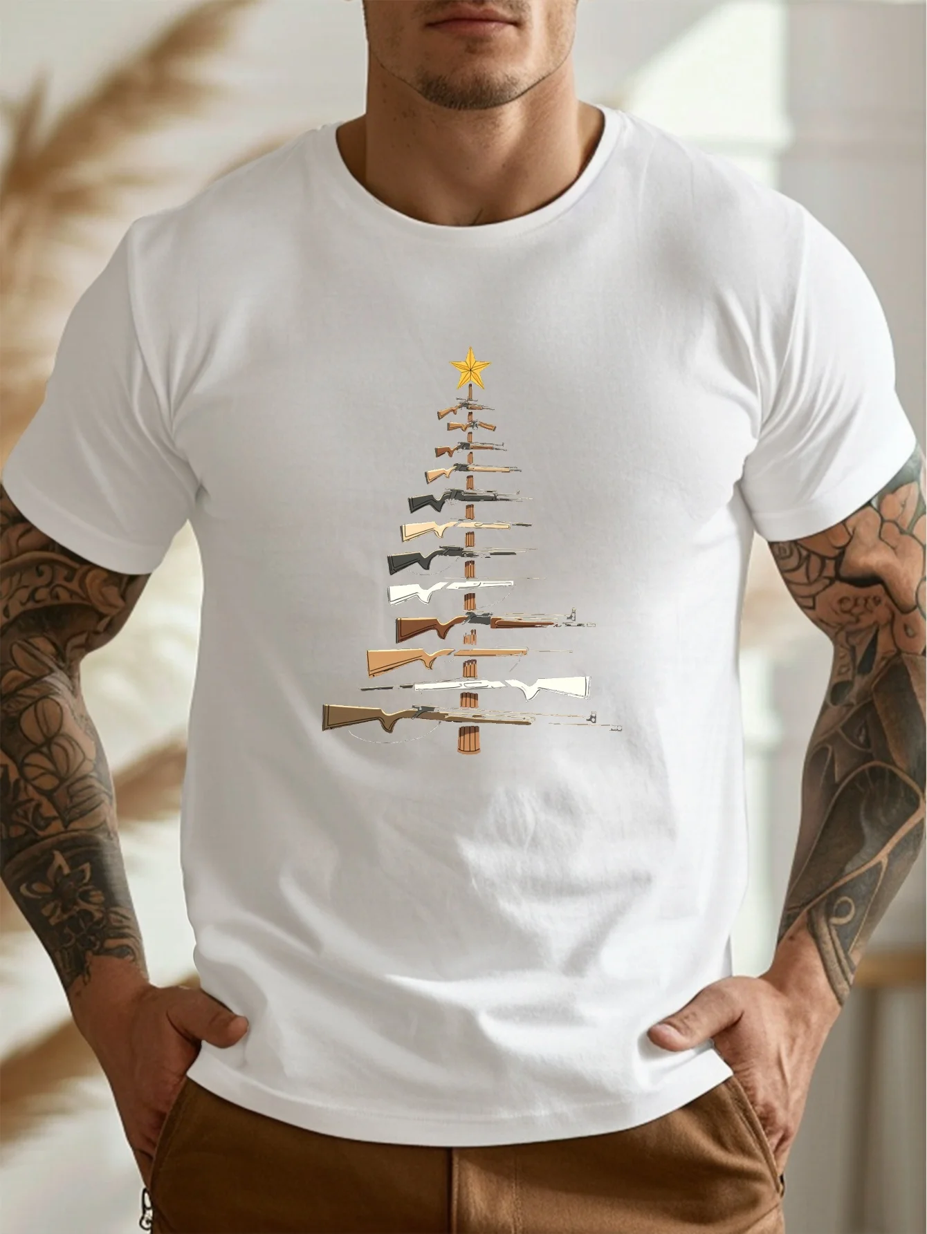 Featuring a Graphic of a Christmas Tree Made of Firearms design -100% cotton O-neck short sleeve casual men's Print T-shirt.
Featuring a Graphic of a Christmas Tree Made of Firearms design -100% cotton O-neck short sleeve casual men's Print T-shirt.