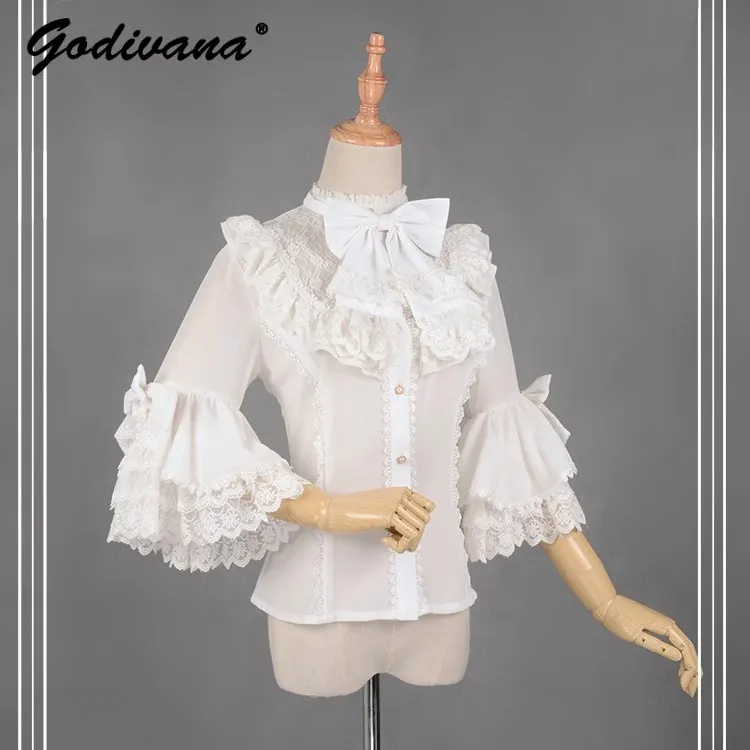 Lolita Shirt Ji Sleeves Ruffles Black and White Women's Retro Half Sleeve Stand-up Collar Shirt Tops Sweet Blouses Spring Summer
Lolita Shirt Ji Sleeves Ruffles Black and White Women's Retro Half Sleeve Stand-up Collar Shirt Tops Sweet Blouses Spring Summer