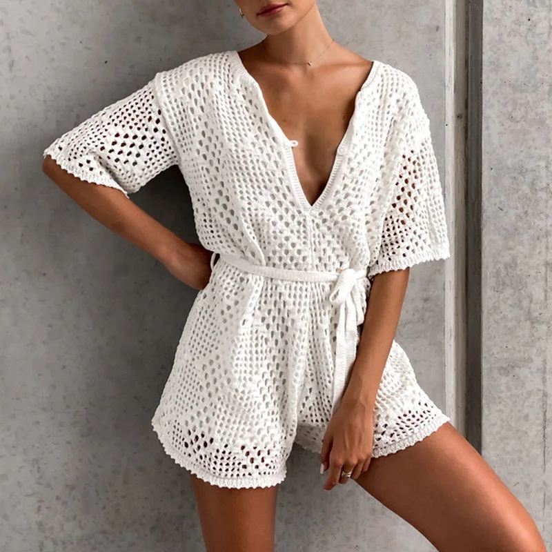 Casual Short Sleeve Loose Solid Playsuit Women Sexy V-neck Lace-up Short Jumpsuit Fashion Button Lace Hollow Out Straight Romper
Casual Short Sleeve Loose Solid Playsuit Women Sexy V-neck Lace-up Short Jumpsuit Fashion Button Lace Hollow Out Straight Romper