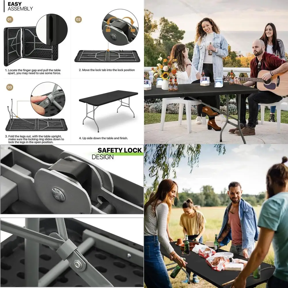 Black 6-Foot Folding Table with Handle for Indoor/Outdoor Use, Ideal for Parties and Events
Black 6-Foot Folding Table with Handle for Indoor/Outdoor Use, Ideal for Parties and Events