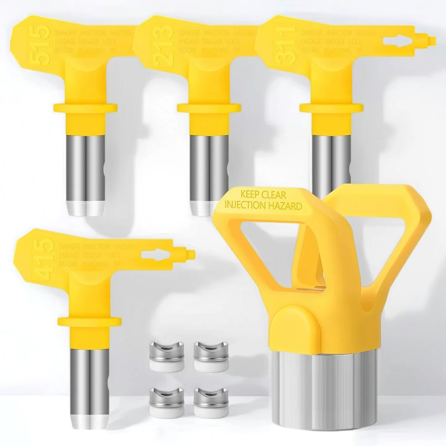 5Pcs Reversible Airless Spray Tips Set with 4 Nozzles, Tip Guard & Seals
5Pcs Reversible Airless Spray Tips Set with 4 Nozzles, Tip Guard & Seals