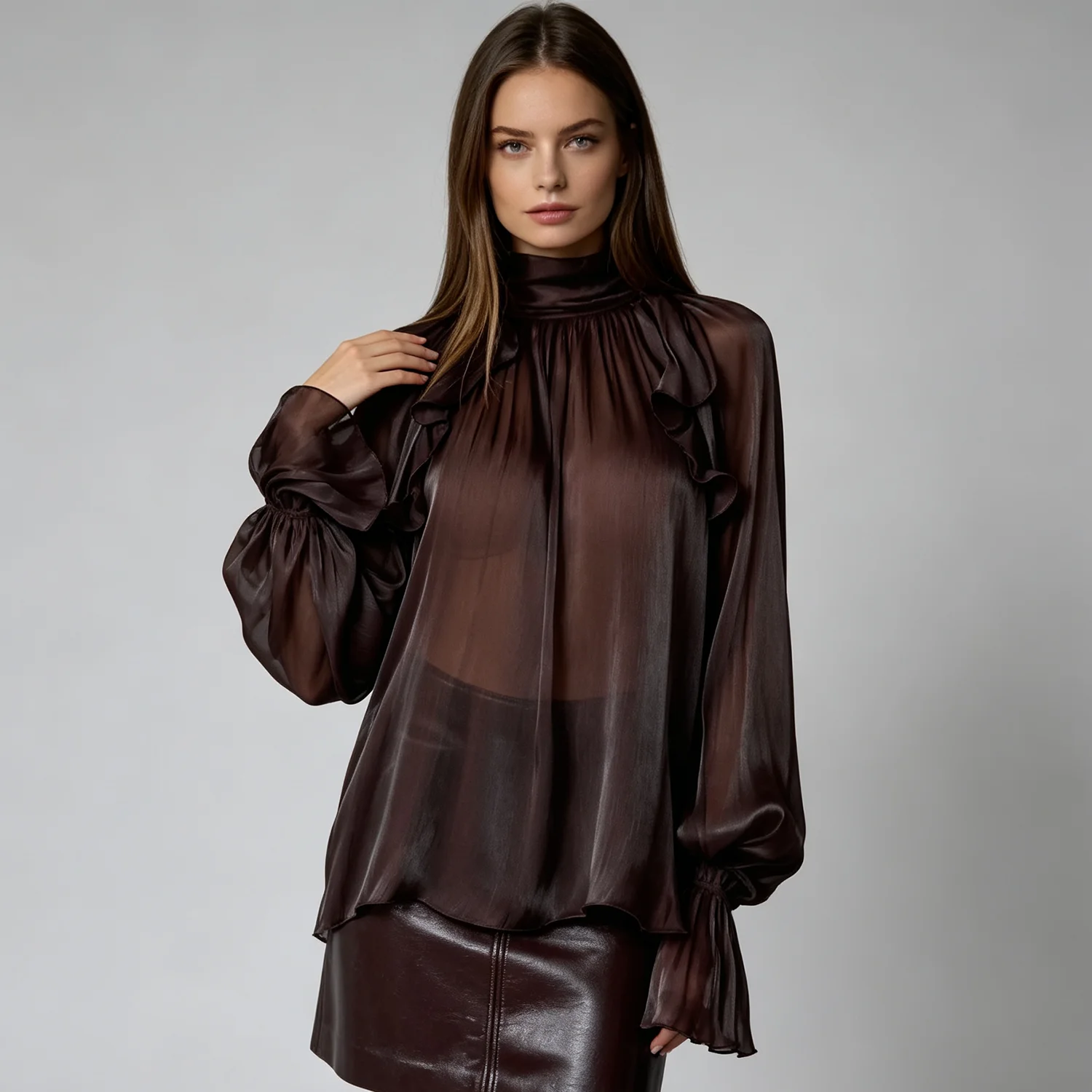 PUAL Elegant Chiffon Top, Large Neck Bow, Ruffle Lantern Sleeve, Lightweight Sheer Blouse for Office & Date
PUAL Elegant Chiffon Top, Large Neck Bow, Ruffle Lantern Sleeve, Lightweight Sheer Blouse for Office & Date