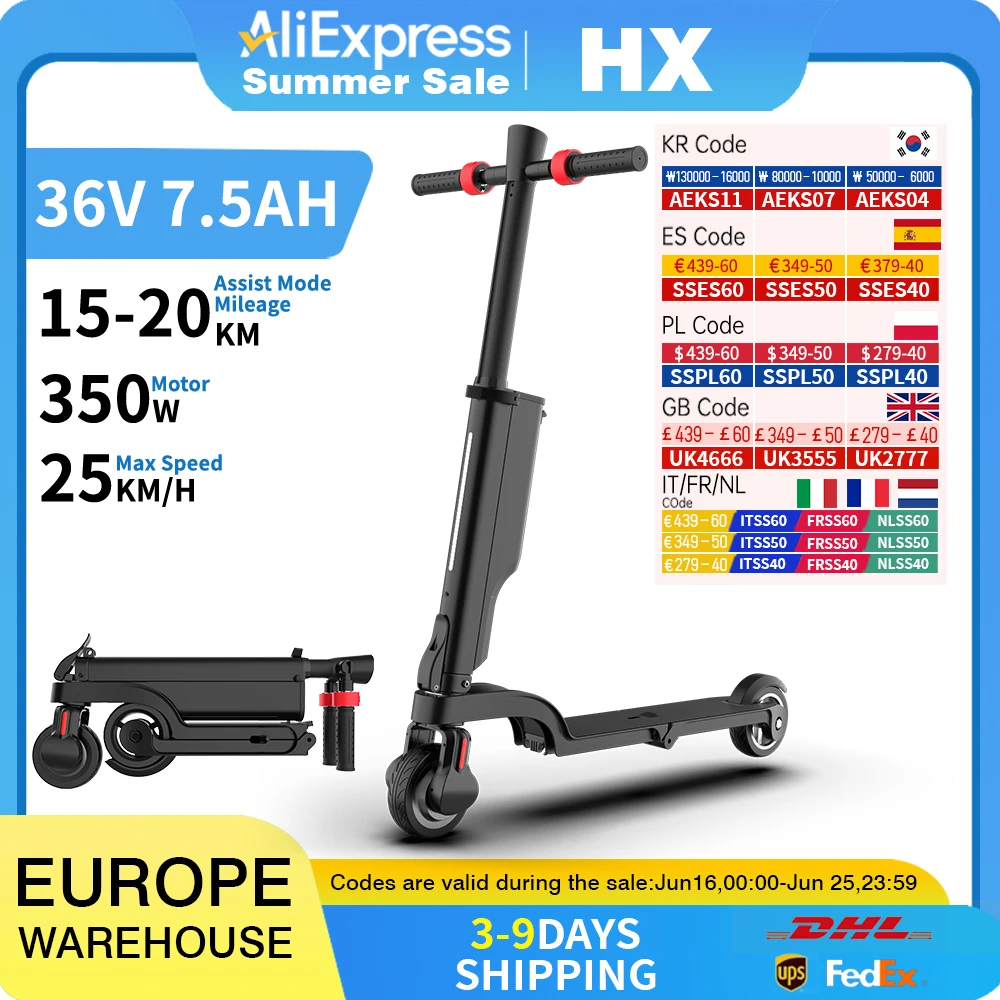 HX X6 Foldable Electric Scooter 7.5A 350W 25KM/H EScooter 36V electric scooters 5.5 Inch E Scooter For Adults
HX X6 Foldable Electric Scooter 7.5A 350W 25KM/H EScooter 36V electric scooters 5.5 Inch E Scooter For Adults