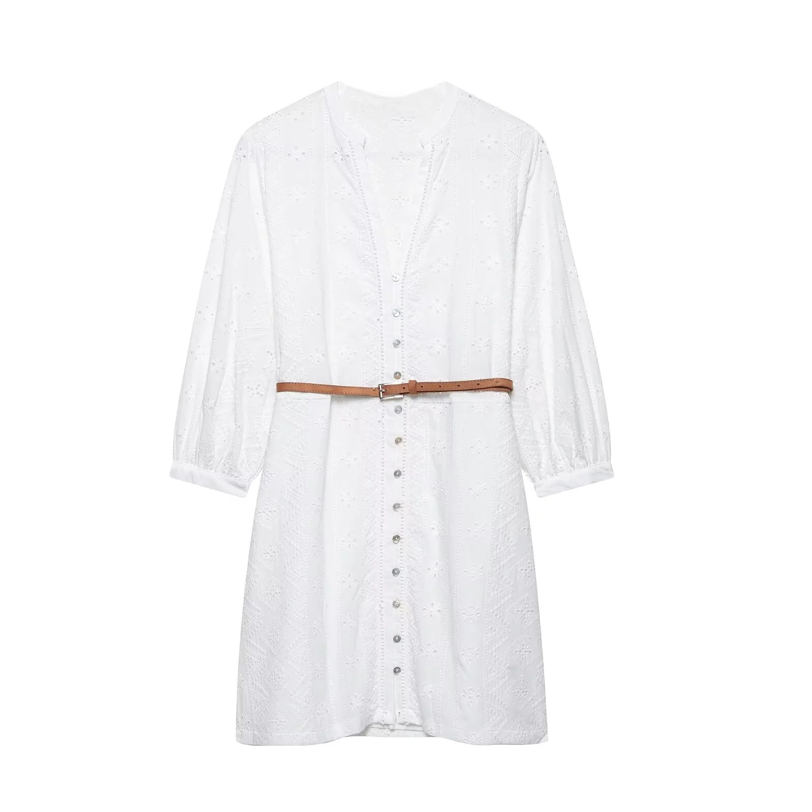 BM&MD&ZA Ladies V Neck Hollow - Out Embroidered Mini Dress with Belt Decoration 3/4 Puff Sleeves and Button - Front
BM&MD&ZA Ladies V Neck Hollow - Out Embroidered Mini Dress with Belt Decoration 3/4 Puff Sleeves and Button - Front