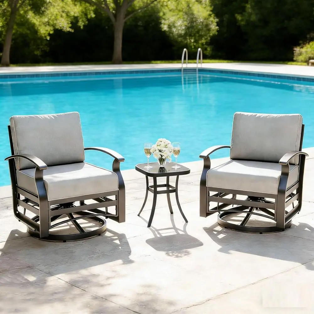 Grey Metal Outdoor 3-Piece Swivel Chair Set with Cushions and Tempered Glass Table for Patio, Lawn, Porch
Grey Metal Outdoor 3-Piece Swivel Chair Set with Cushions and Tempered Glass Table for Patio, Lawn, Porch