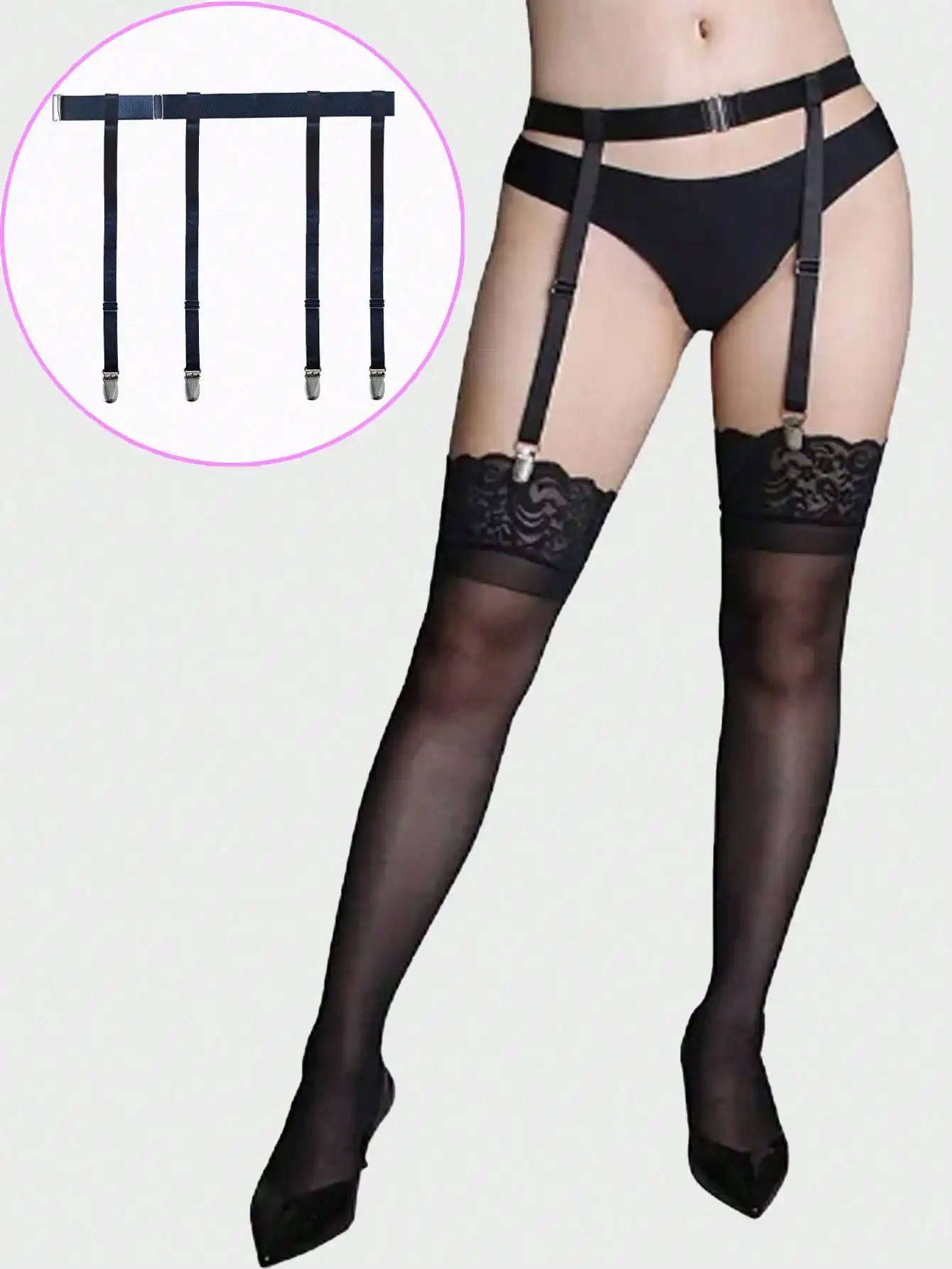 Black Adjustable Garter Belt with 4 Metal Clips and Lace-Trimmed Thigh High Stockings
Black Adjustable Garter Belt with 4 Metal Clips and Lace-Trimmed Thigh High Stockings