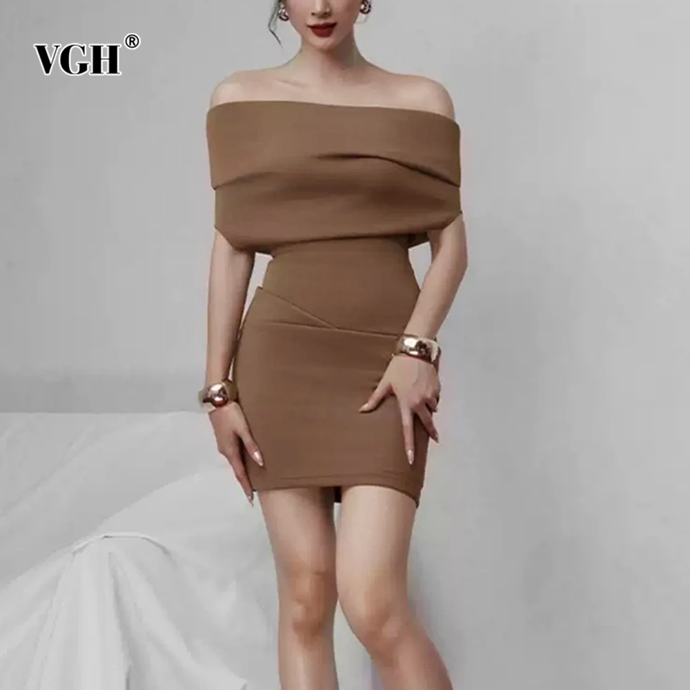 VGH Slimming Temperament Solid Dresses For Women Slash Neck Off The Shoulder Sleeve High Waist Short Dress Female Fashion New
VGH Slimming Temperament Solid Dresses For Women Slash Neck Off The Shoulder Sleeve High Waist Short Dress Female Fashion New