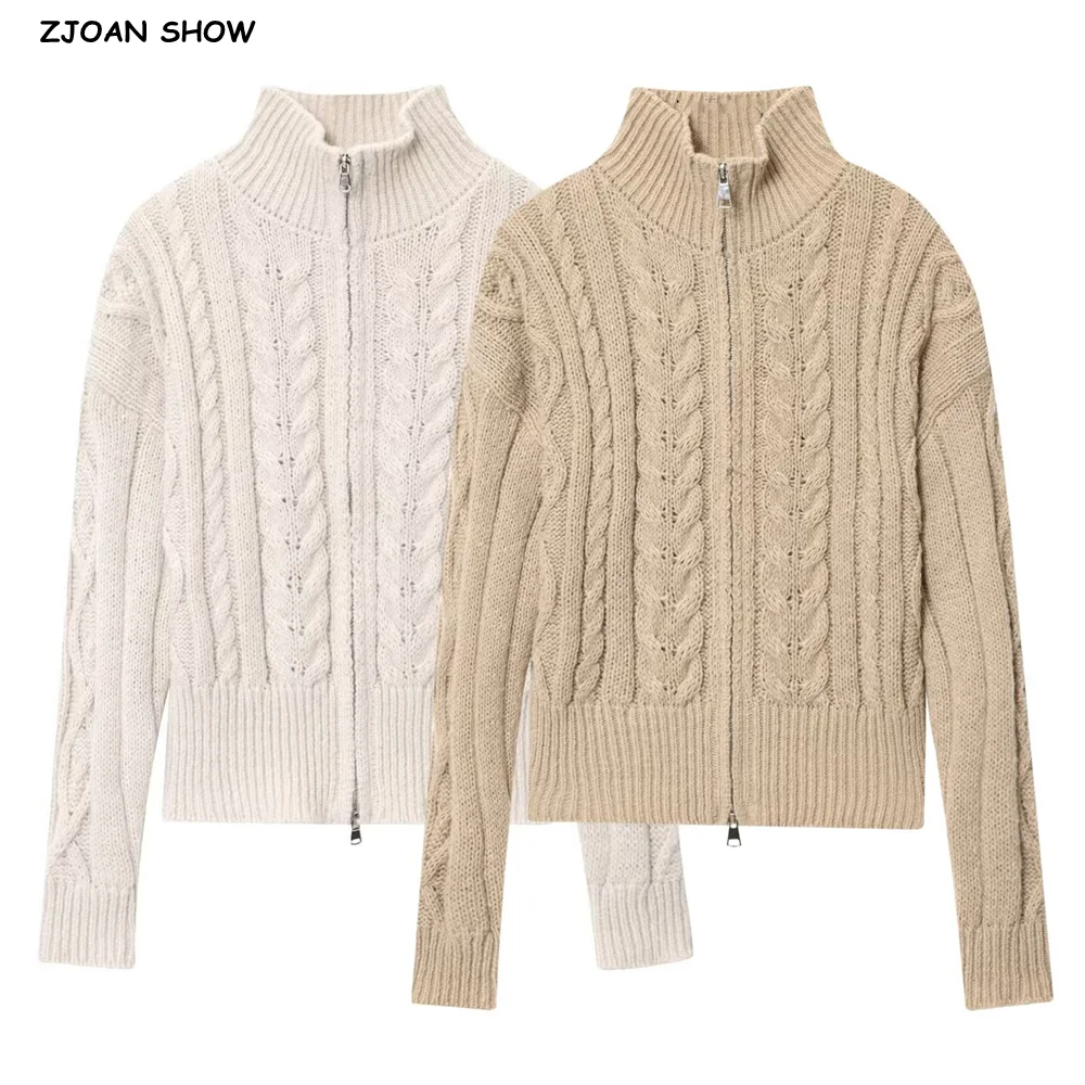 2025 Autumn Winter Khaki Double Zipper Head Twist Knitted Cardigan Long Sleeve Sweater Women Rib Hem Short Knitwear Apricot
2025 Autumn Winter Khaki Double Zipper Head Twist Knitted Cardigan Long Sleeve Sweater Women Rib Hem Short Knitwear Apricot