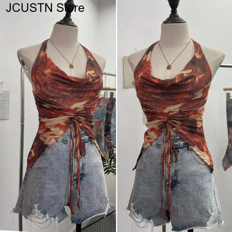 2025 Summer New Vacation Style Top Women Sexy Halter Drawstring Strap Vest Tie-Dye Mesh Top Backless Irregular Tank Streetwear
2025 Summer New Vacation Style Top Women Sexy Halter Drawstring Strap Vest Tie-Dye Mesh Top Backless Irregular Tank Streetwear