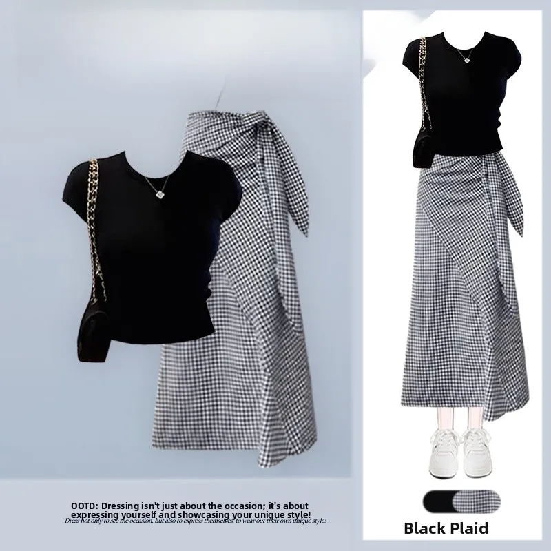 Summer New Design Slim Fit Short Sleeve T-Shirt High Waist Plaid Skirt Two Piece Set Women's Fashion plus Size Clothing
Summer New Design Slim Fit Short Sleeve T-Shirt High Waist Plaid Skirt Two Piece Set Women's Fashion plus Size Clothing