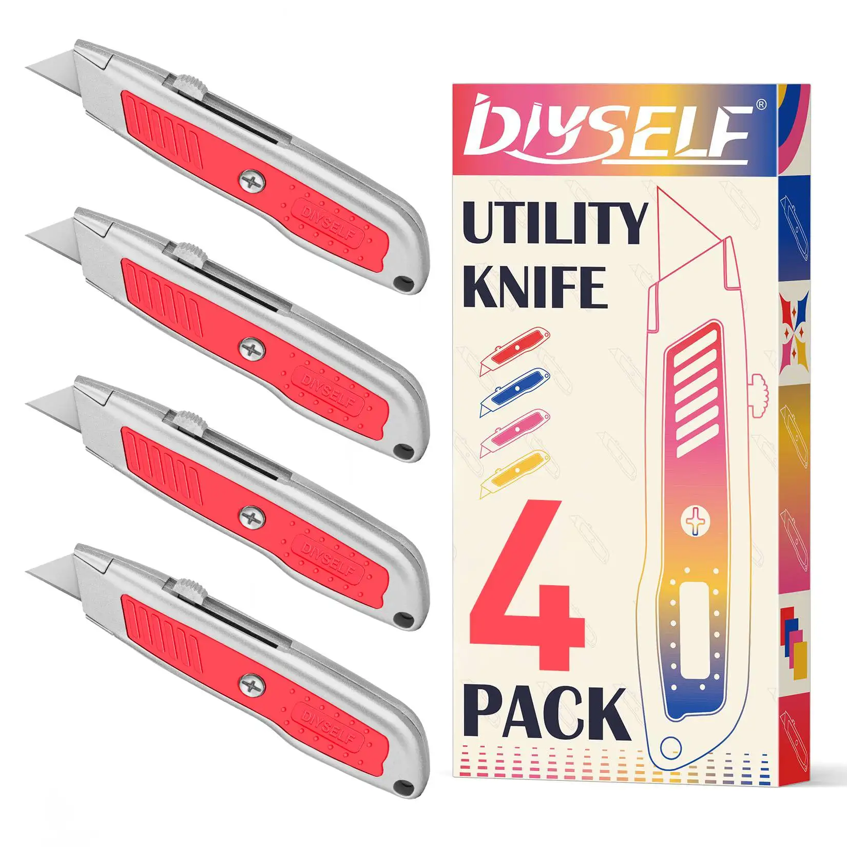 4Pack Box Cutter, Utility Knife with SK5 Blades, Portable Box Opener, Box Cutter Retractable for Office, Warehouse, Home.
4Pack Box Cutter, Utility Knife with SK5 Blades, Portable Box Opener, Box Cutter Retractable for Office, Warehouse, Home.