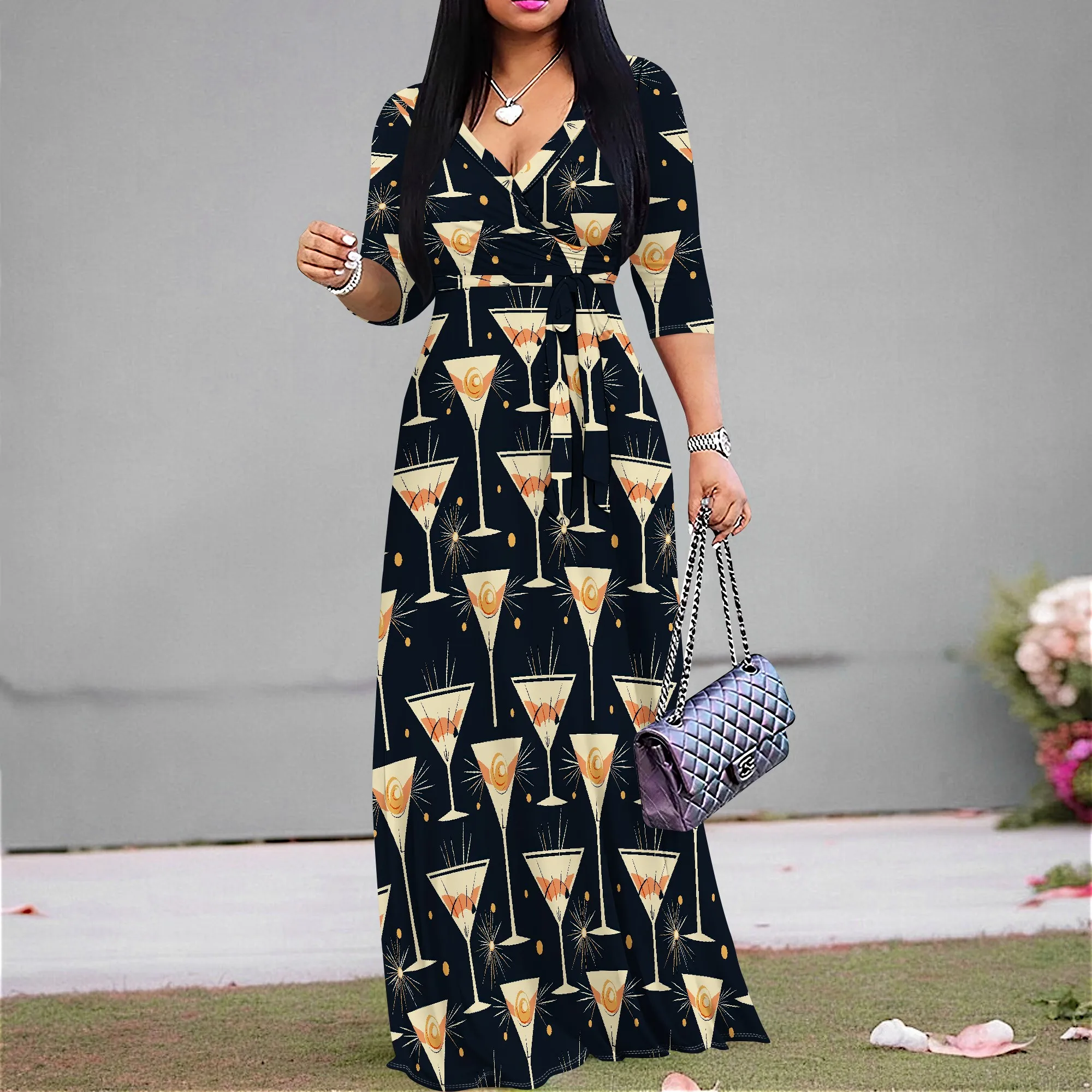 Women's Night Party Maxi Dress S-3XL Black V-Neck Champagne Glass Print Gown for Holiday & Clubwear
Women's Night Party Maxi Dress S-3XL Black V-Neck Champagne Glass Print Gown for Holiday & Clubwear