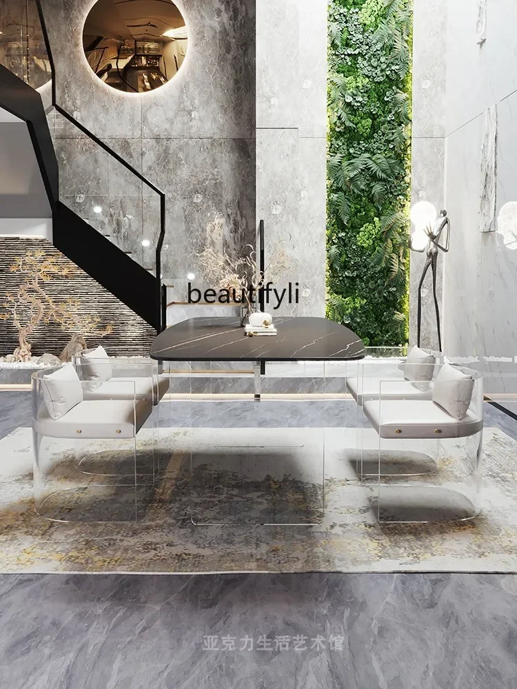 Imported Acrylic Stone Plate Dining Table Creative Modern and Simple Designer Chair Light Luxury Dining Tables and Chairs Set 
Imported Acrylic Stone Plate Dining Table Creative Modern and Simple Designer Chair Light Luxury Dining Tables and Chairs Set