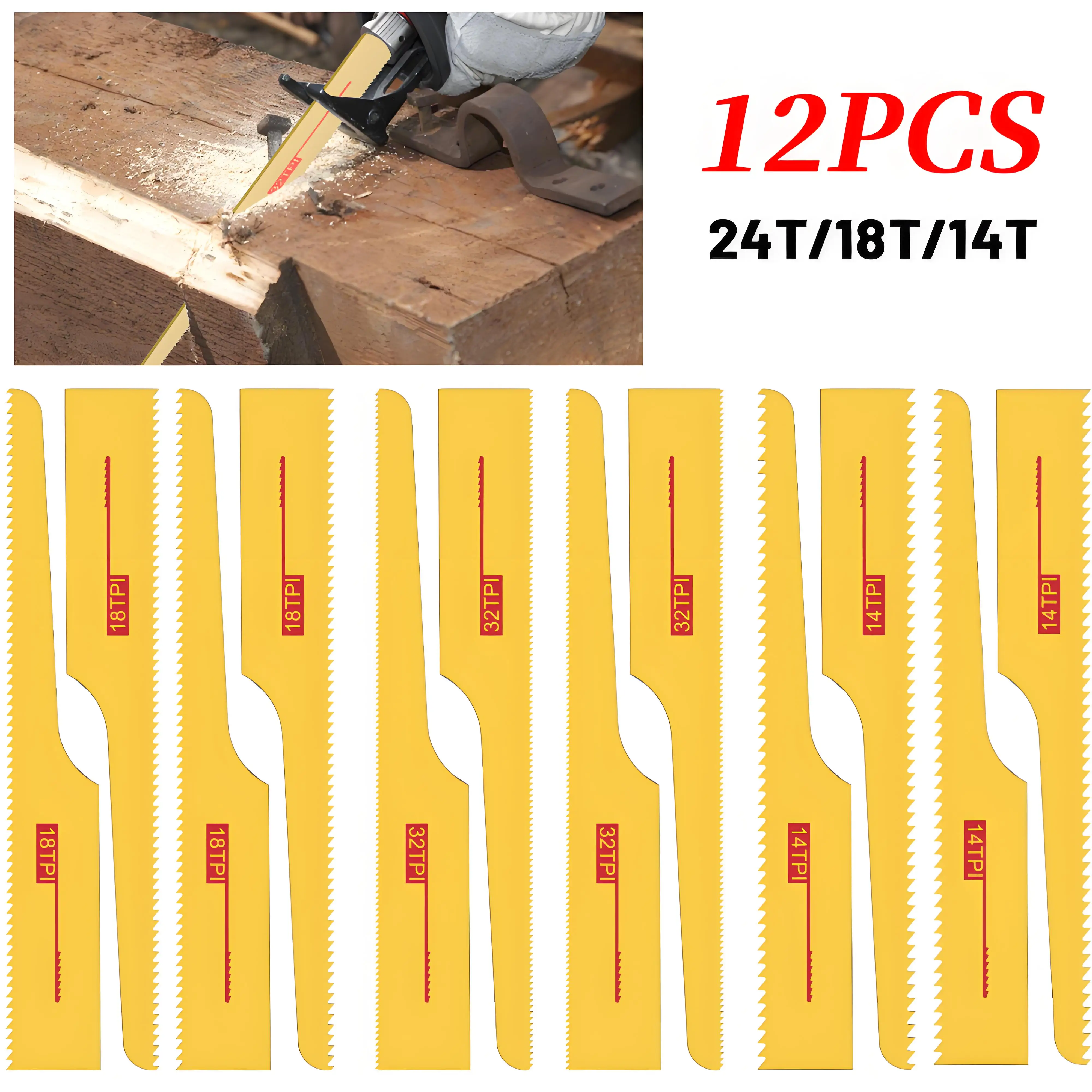 12Pcs Reciprocating Saw Blade Kit 24T 18T 14T Air Body Hacksaw Blades Cut Off Tool For Iron Aluminium Metal Steel Wood Cutting
12Pcs Reciprocating Saw Blade Kit 24T 18T 14T Air Body Hacksaw Blades Cut Off Tool For Iron Aluminium Metal Steel Wood Cutting