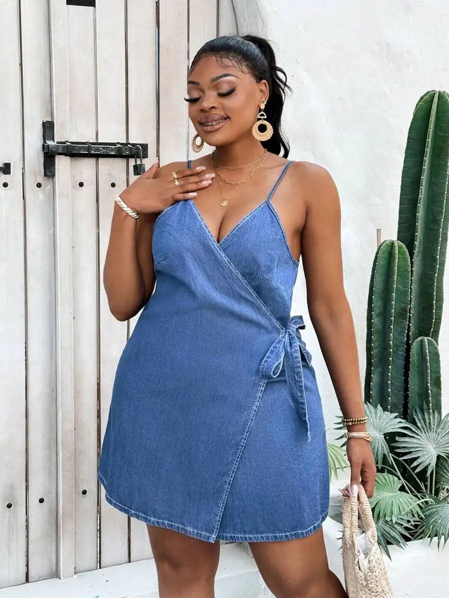 Denim Wrap Mini Dress With Spaghetti Strap Casual Summer Women Outfit
Denim Wrap Mini Dress With Spaghetti Strap Casual Summer Women Outfit